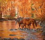 Две лошади осенью у реки