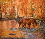 Лошади у реки в осеннем лесу