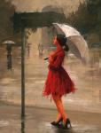 Девушка в красном платье под белым зонтом
