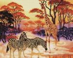 Африканский пейзаж с зебрами и жирафом