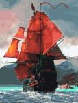 Корабль с красными парусами на фоне гор