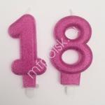 Свеча-цифра "18" розовая с блестками 6051334