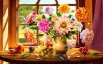 Букет цветов и фрукты на столе