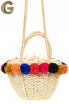 Плетеная сумка-корзинка из джута с помпонами, цвет слоновой кости