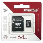 Карта памяти microSDXC 64GB SMARTBUY, 10 Мб/сек (class 10), с адаптером, SB64GBSDCL10-01