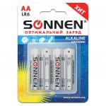 Батарейки КОМПЛЕКТ 4 шт, SONNEN Alkaline, АА (LR6, 15А), алкалиновые, пальчиковые, блистер, 451085