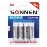 Батарейки КОМПЛЕКТ 4 шт, SONNEN Alkaline, АА (LR6, 15А), алкалиновые, пальчиковые, блистер, 451085
