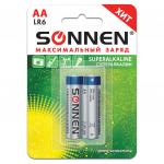 Батарейки КОМПЛЕКТ 2шт, SONNEN Super Alkaline, АА(LR6,15А), алкалиновые, пальчиковые, блистер,451093