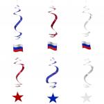 Набор праздничных подвесок "Россия", 6 шт. (3 звезды и 3 флага), 60см, фольга, картон