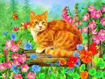 Рыжий кот на ограде в цветах