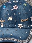 Кепка джинсовая с ушками, цветочки, love, синий