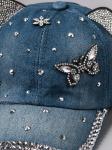 Кепка джинсовая с ушками, бабочка из страз, голубой