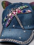 Кепка джинсовая с цветными ушками, стрекоза из камней, синий