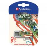 Флеш-диск 8GB VERBATIM Mini Tattoo Edition Dragon USB 2.0, белый с рисунком, 49884