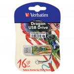 Флеш-диск 16GB VERBATIM Mini Tattoo Edition Dragon USB 2.0, белый с рисунком, 49888
