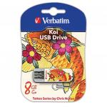 Флеш-диск 8GB VERBATIM Mini Tattoo Edition KOI FISH USB 2.0, белый с рисунком, 49882