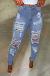 Голубые длинные облегающие джинсы с высокой талией и разрезами