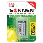 Батарейки КОМПЛЕКТ 2шт, SONNEN Super Alkaline, AAA(LR03,24А),алкалиновые,мизинчиковые,блистер,451095