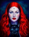 Девушка с красными волосами и черный кот