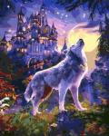 Белый волк у замка под полной луной