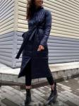 Болоневое пальто с поясом темно-синий N107