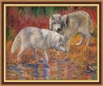 Два волка в осенней траве у реки
