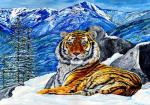 Большой тигр на фоне снежных гор
