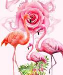 Три фламинго и цветок розы
