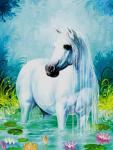 Белая лошадь в озере с лотосами