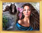 Девушка с розами в волосах, лошади и водопад