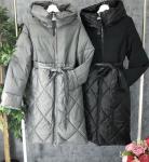 Комбинированное пальто с поясом и капюшоном черное  LE