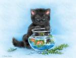 Черный котенок хочет золотую рыбку
