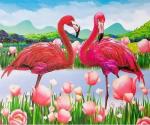 Розовые фламинго среди водных цветов