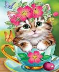 Котенок с цветочками в чашке