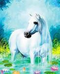 Белая лошадь купается в озере