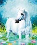 Белый конь купается в озере