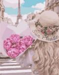 Девушка с нежным букетом роз в солнечном Париже
