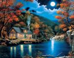 Полная луна над домиком у озера