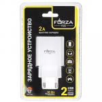 FORZA Зарядное устройство USB Стандарт, 220В, 2USB, 2А, пластик, белое