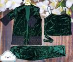 Домашний костюм велюр SIZE PLUS халат, топ и брюки зеленый  IL06