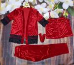 Домашний костюм велюр SIZE PLUS халат, топ и брюки красный IL06