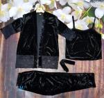 Домашний костюм велюр SIZE PLUS халат, топ и брюки черный IL06