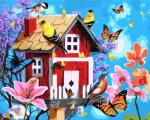 Милый домик и птички с бабочками