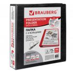 Папка на 4 кольцах с передним прозрачным карманом BRAUBERG, картон/ПВХ, 75мм, черная, до 500л,228398