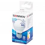 Лампа светодиодная SONNEN, 7(60)Вт, цоколь E27, шар, хол. белый, 30000ч, LED G45-7W-4000-E27, 453704