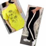 Костюм желтая футболка SIZE Plus женский образ и цветы с брюками черными IN