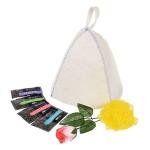 Подарочный набор 7 предметов в пакете ПВХ с крючком (шапка, мыльница цветы, мочалка, бальзам, шампунь, гель, мыло)