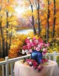 Букет цветов на фоне осеннего леса и реки