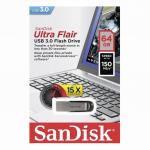 Флеш-диск 64GB SANDISK Ultra Flair USB 3.0, металл. корпус, серебристый/черный, SDCZ73-064G-G46