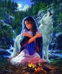 Девушка в горном лесу и белая волчица